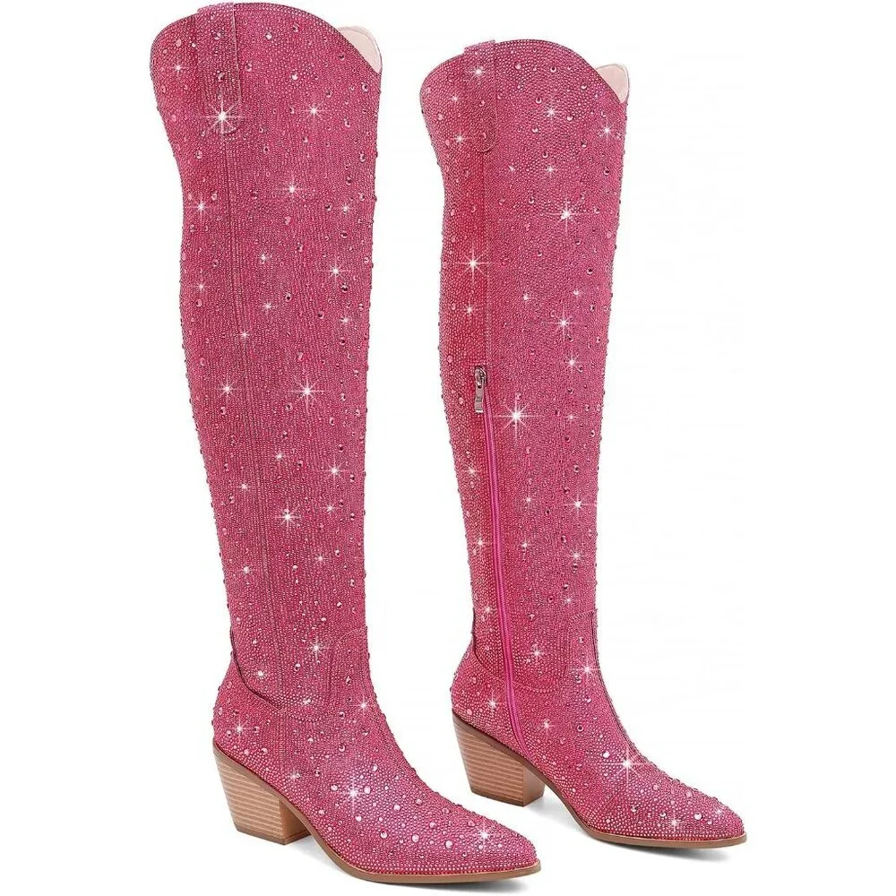 Women Hot-pink Faux Leather Sparkly Bling Rhinestone Over the Knee Cowboy Boots